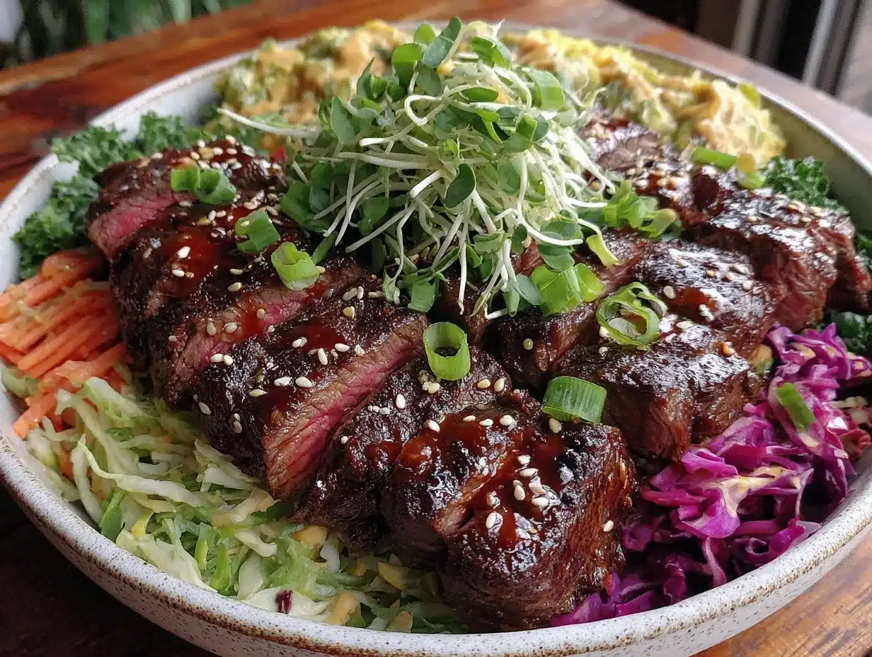 seven-layer party bowl with steak strips preparation steps