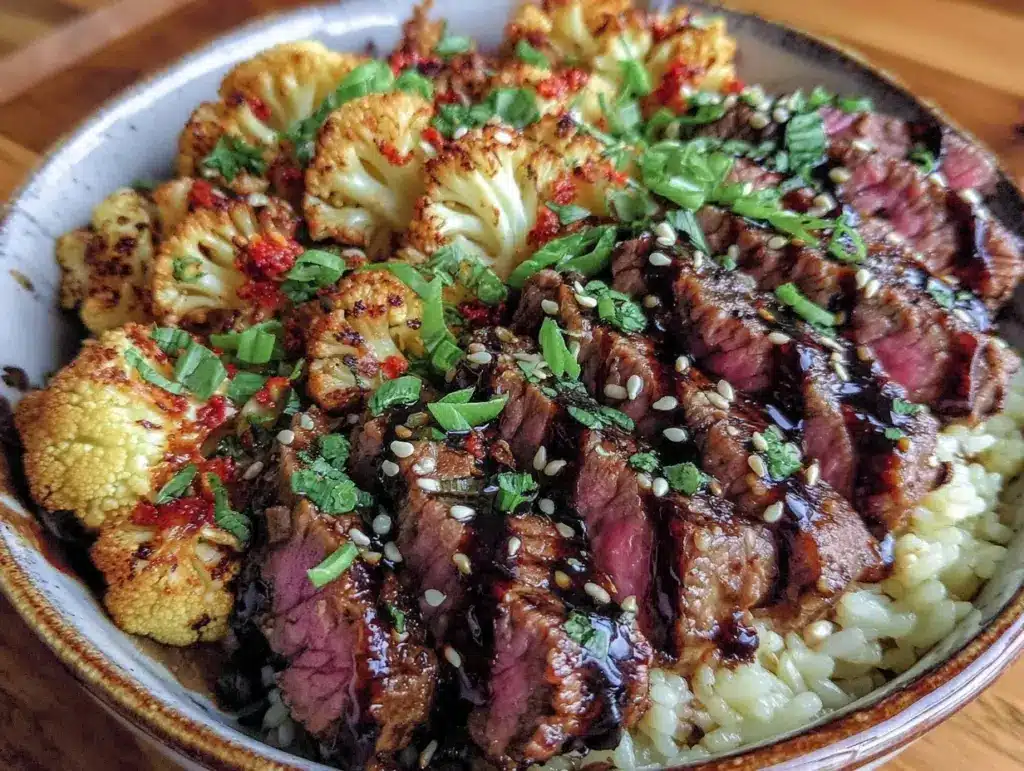 spicy steak and roasted cauliflower bowl - featured image