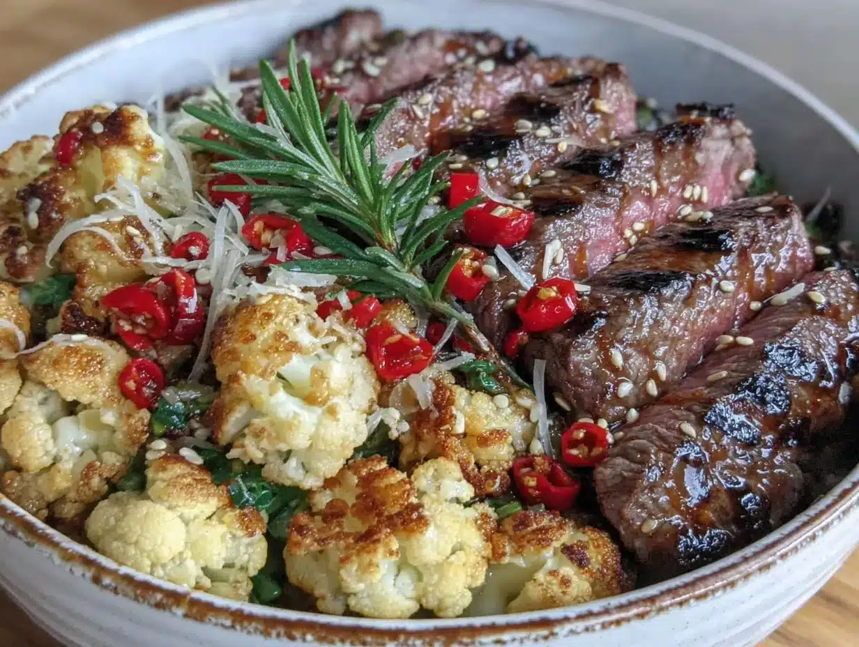 spicy steak and roasted cauliflower bowl preparation steps
