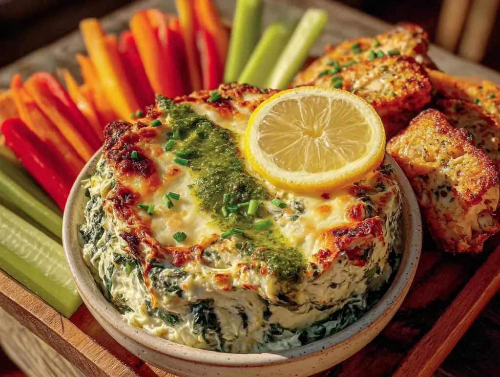 spinach-artichoke party bowl with lemon-herb chicken - featured image