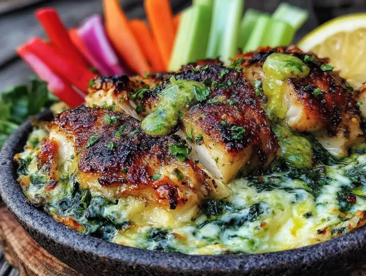 spinach-artichoke party bowl with lemon-herb chicken preparation steps