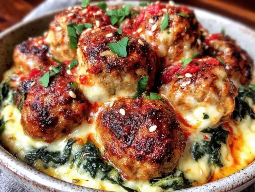 spinach-artichoke party bowl with turkey meatballs - featured image