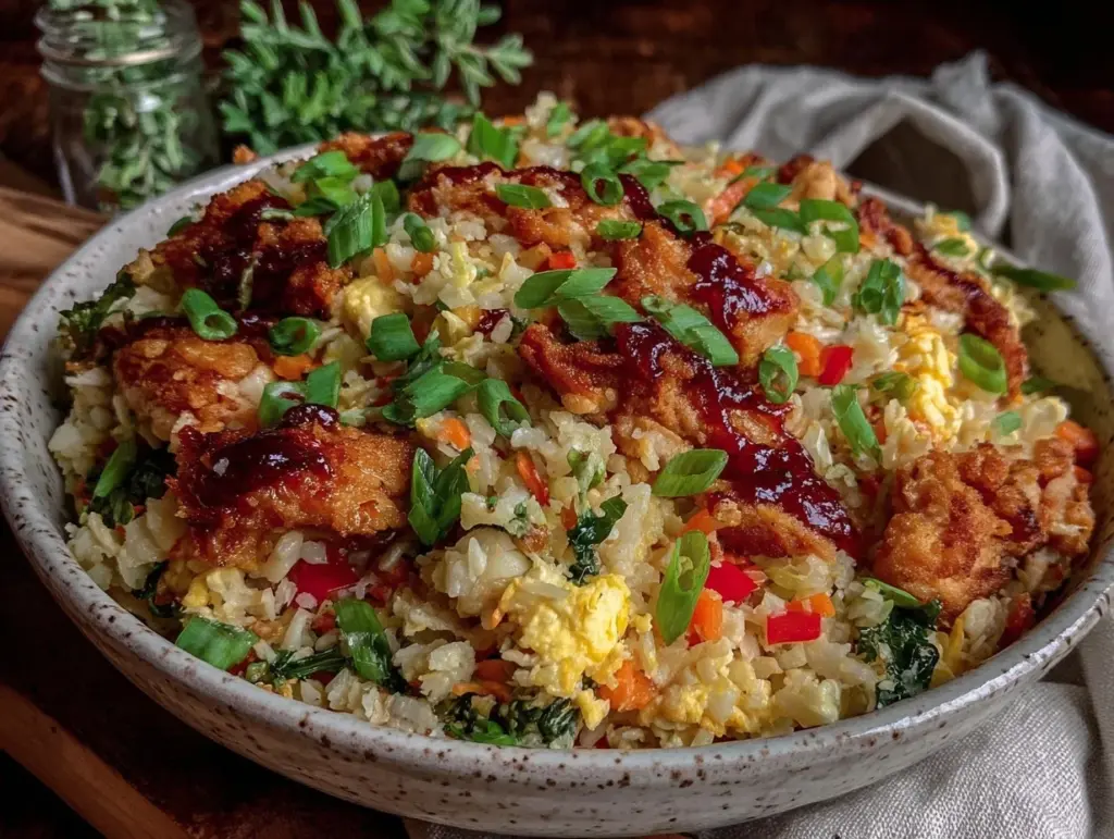 crispy cauliflower fried rice with chicken - featured image