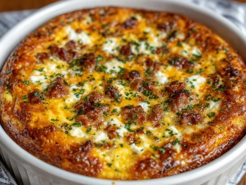 easy cheesy sausage and egg breakfast casserole - featured image