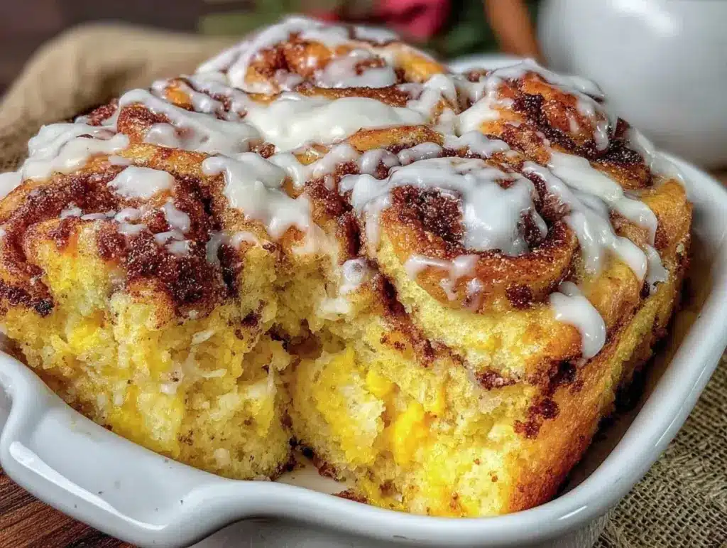 easy gooey cinnamon roll casserole recipe - featured image