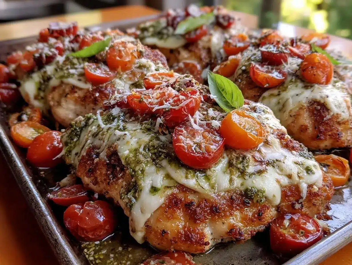 Easy Juicy Caprese Chicken Sheet Pan Dinner preparation steps