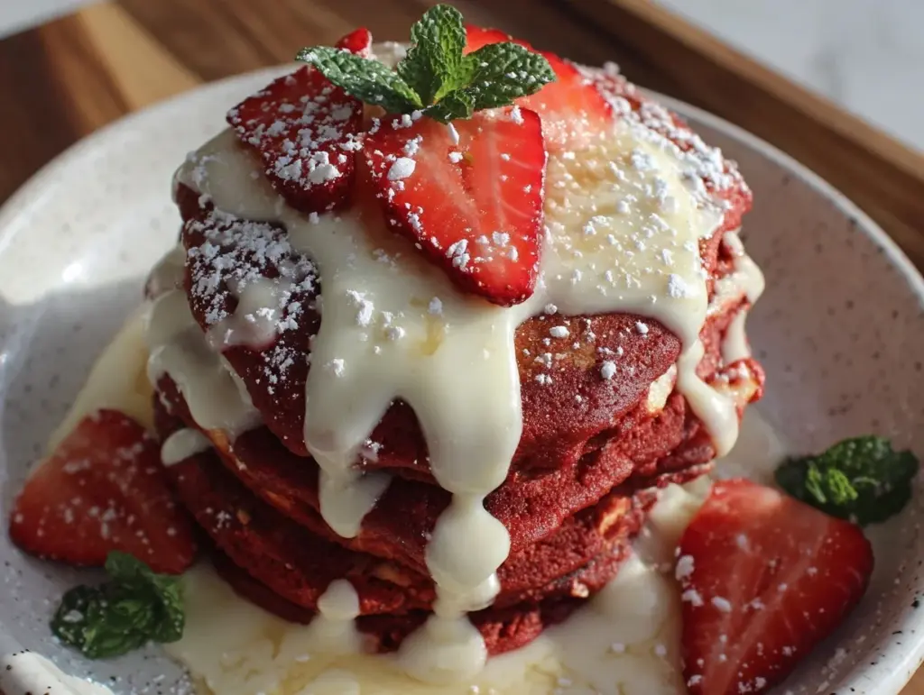 fluffy red velvet pancakes - featured image
