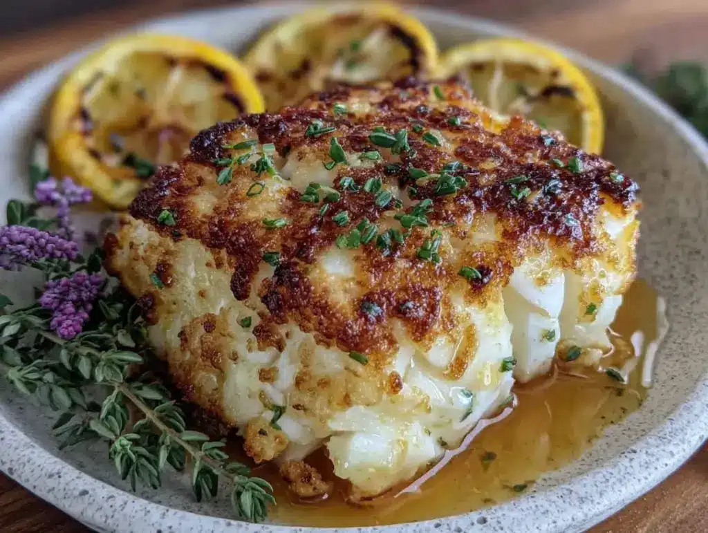 pan-seared halibut with lemon butter - featured image