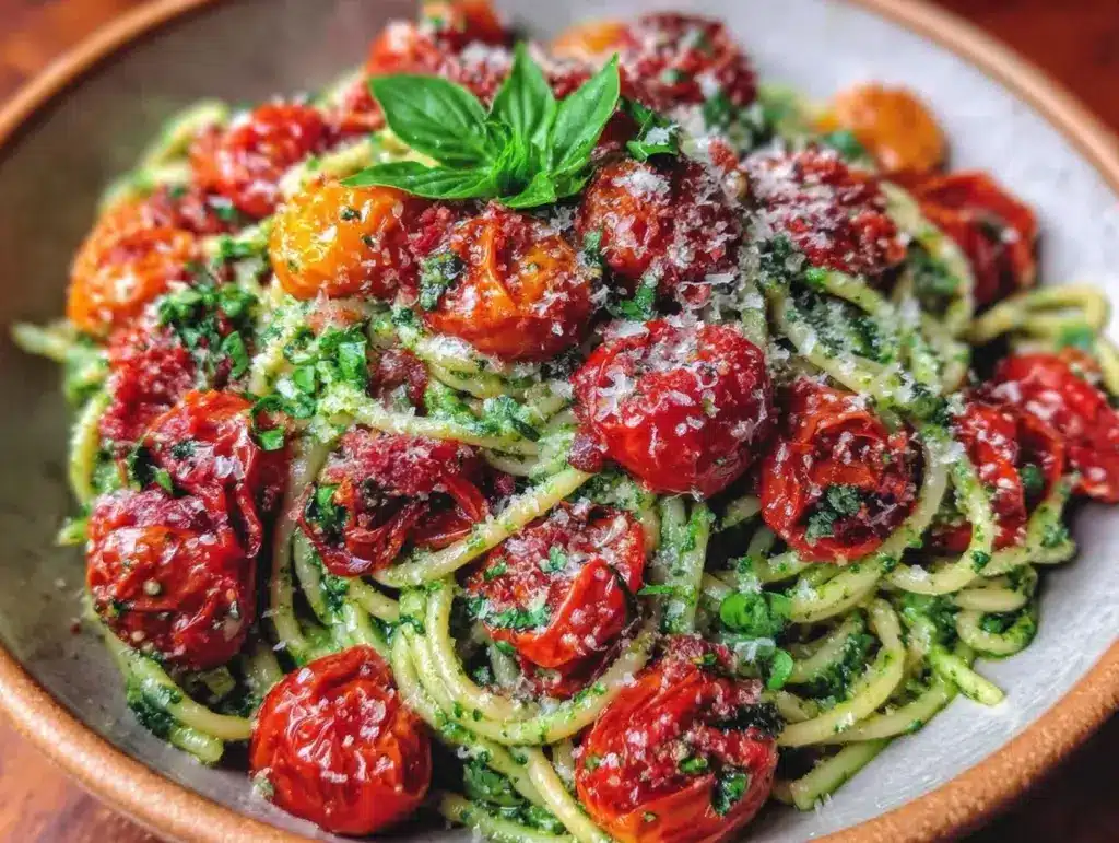 pesto pasta with roasted cherry tomatoes - featured image