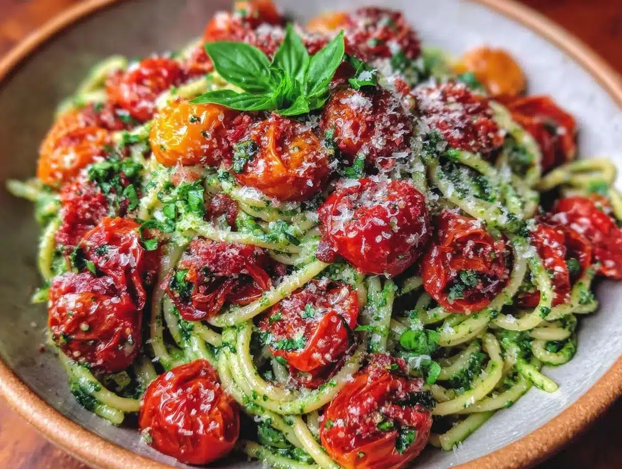 pesto pasta with roasted cherry tomatoes preparation steps