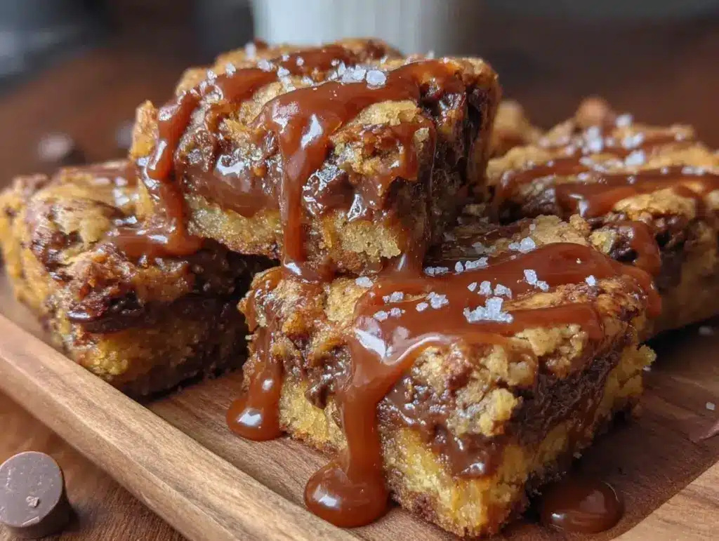 salted caramel chocolate chip cookie bars - featured image