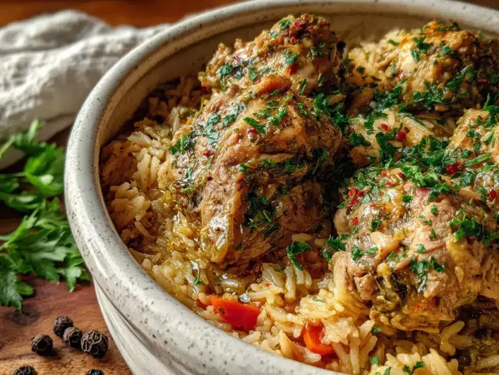creamy crockpot chicken and rice - featured image