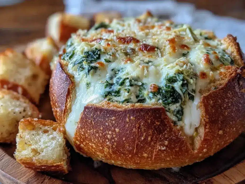 creamy spinach artichoke stuffed bread bowl - featured image