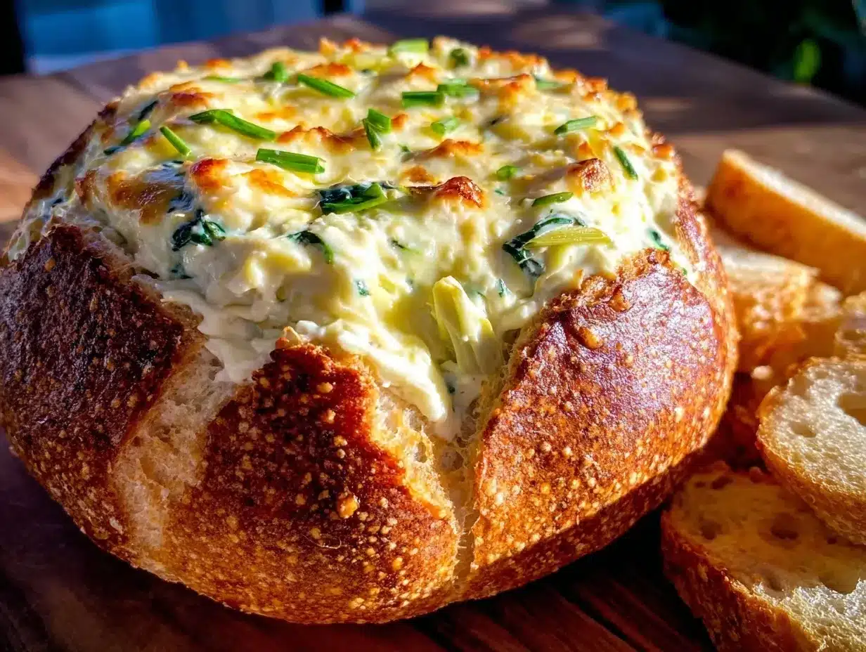 creamy spinach artichoke stuffed bread bowl preparation steps