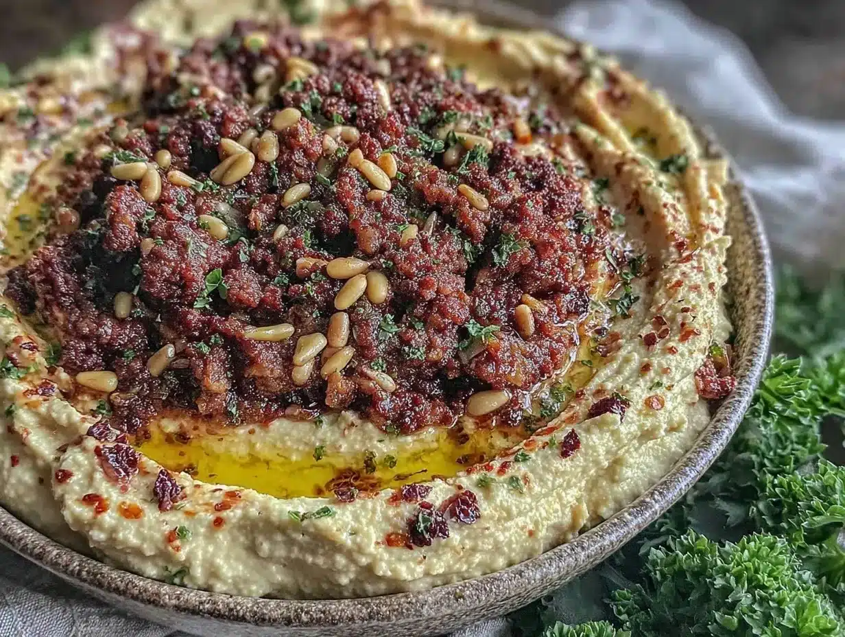 creamy hummus with spiced lamb and pine nuts preparation steps