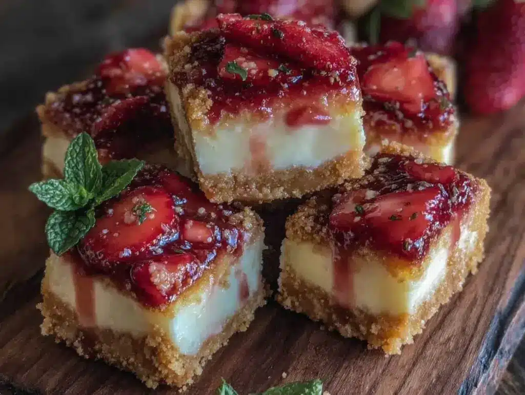 creamy no-bake strawberry cheesecake bars - featured image