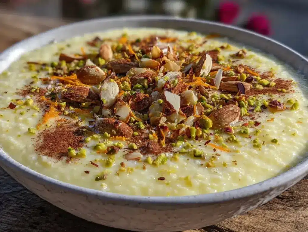 creamy persian saffron rosewater rice pudding - featured image