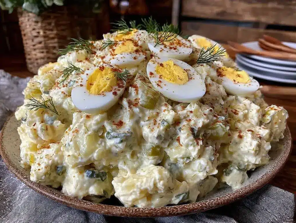 creamy potato salad with egg and dill pickle - featured image