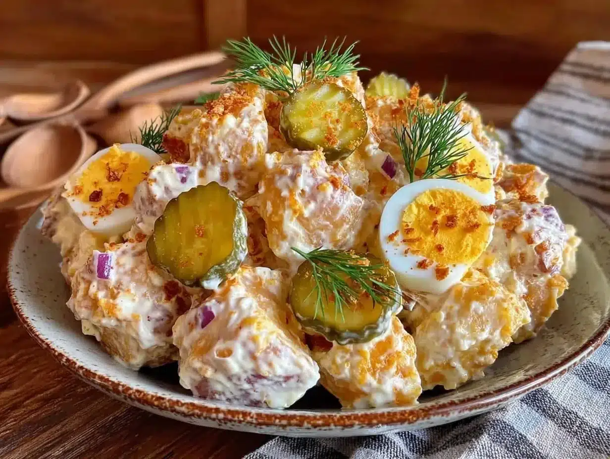 creamy potato salad with egg and dill pickle preparation steps