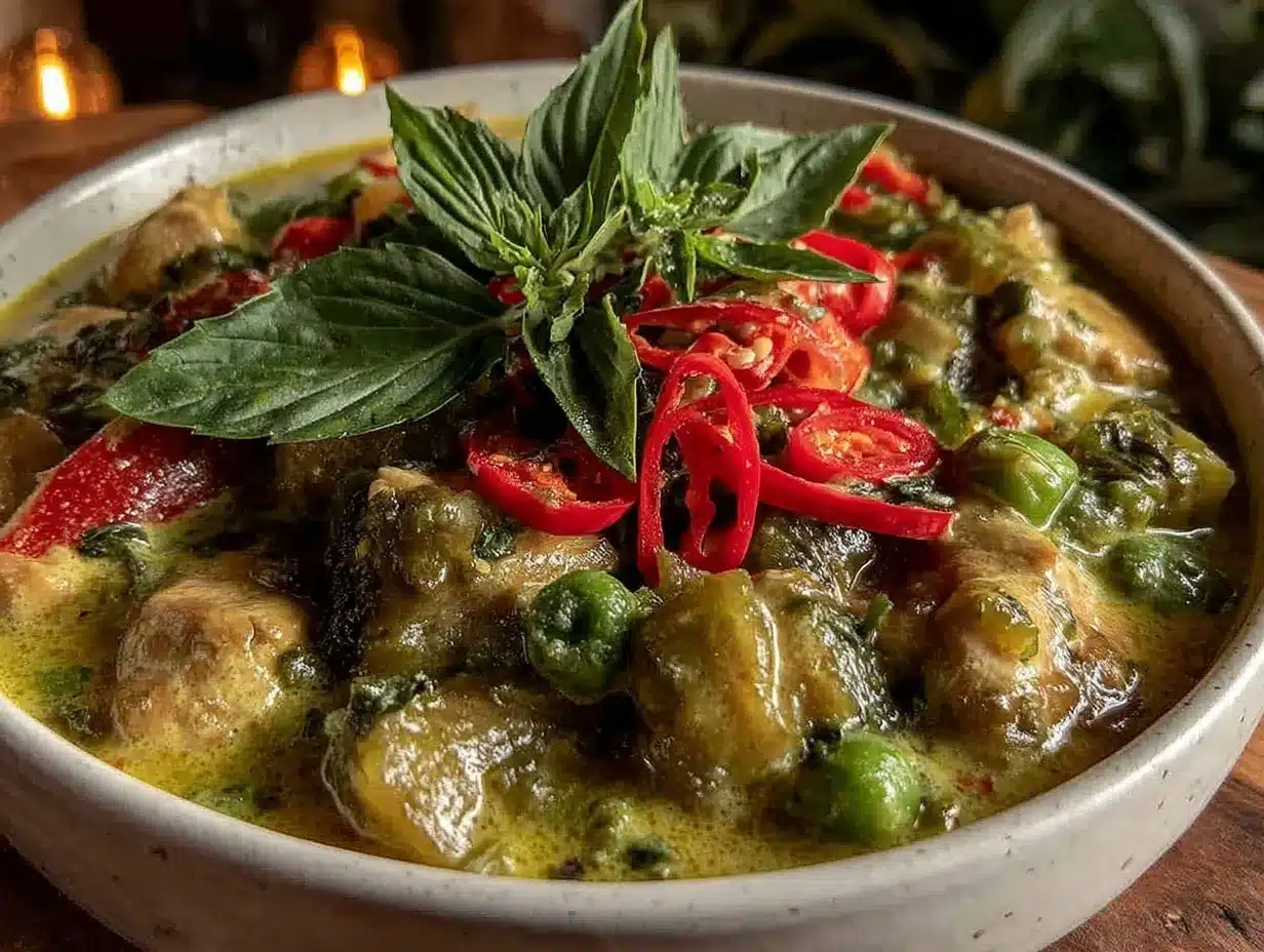creamy Thai green curry with chicken and Thai basil preparation steps
