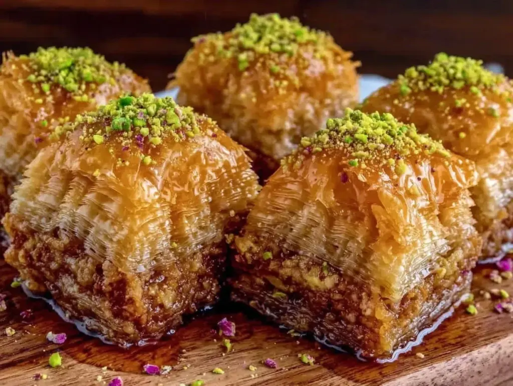 crispy baklava with pistachio and honey syrup - featured image