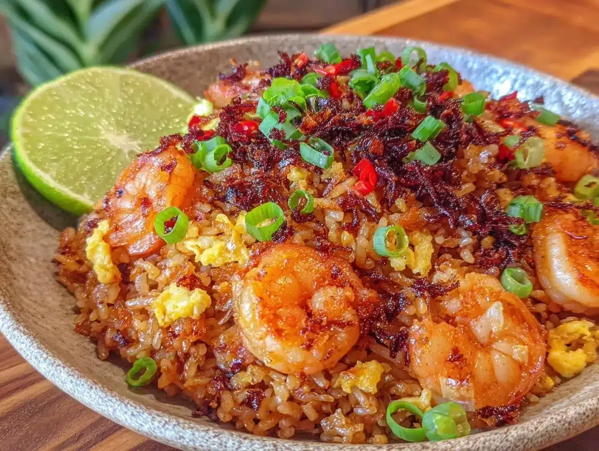 Indonesian Nasi Goreng fried rice with shrimp preparation steps