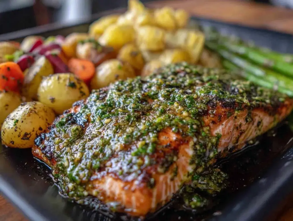 crispy pesto salmon sheet pan dinner - featured image