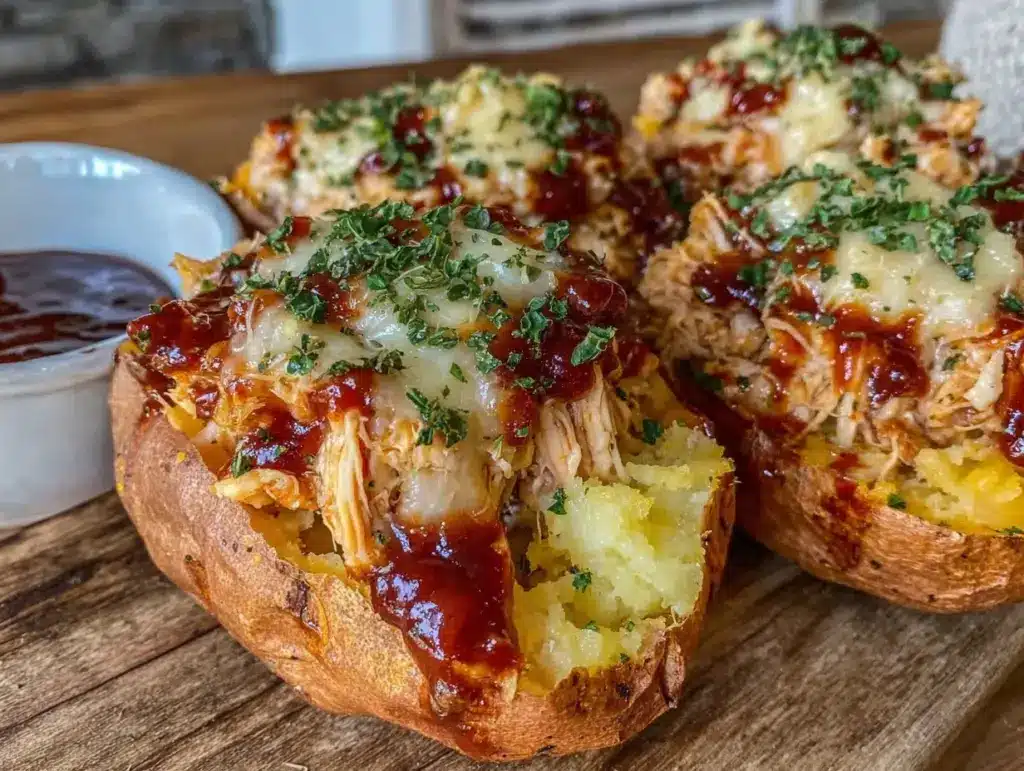 crockpot bbq chicken stuffed sweet potatoes - featured image
