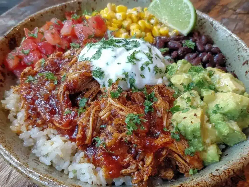 easy crockpot chicken burrito bowl - featured image