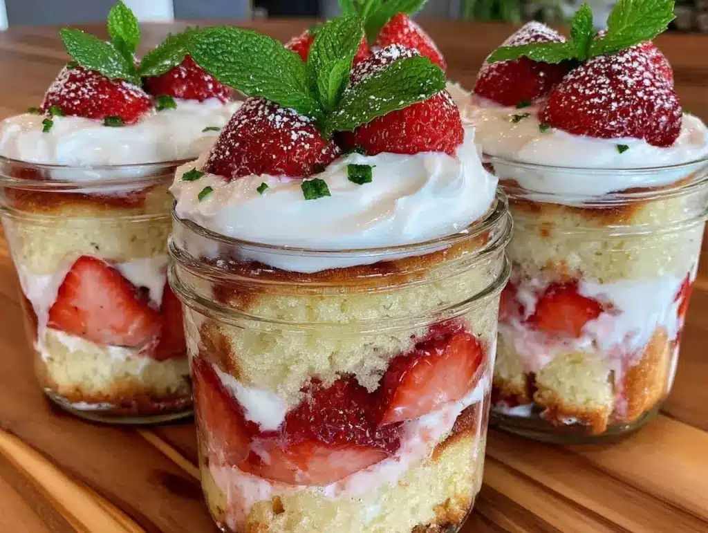 easy strawberry shortcake trifle jars - featured image