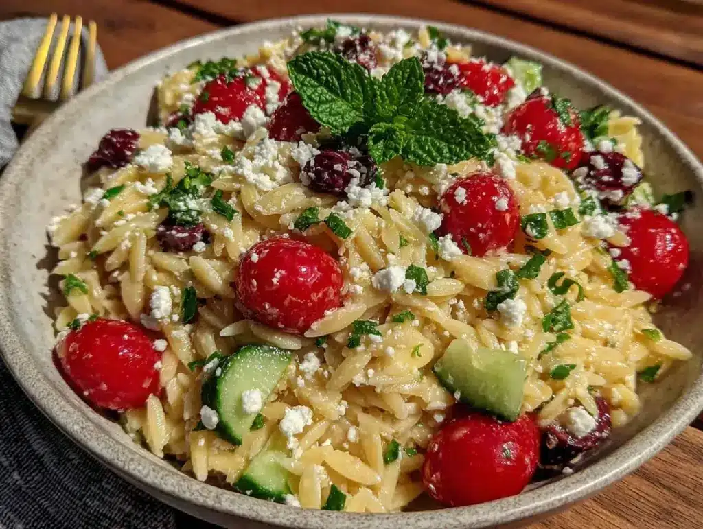 easy zesty greek orzo pasta salad - featured image