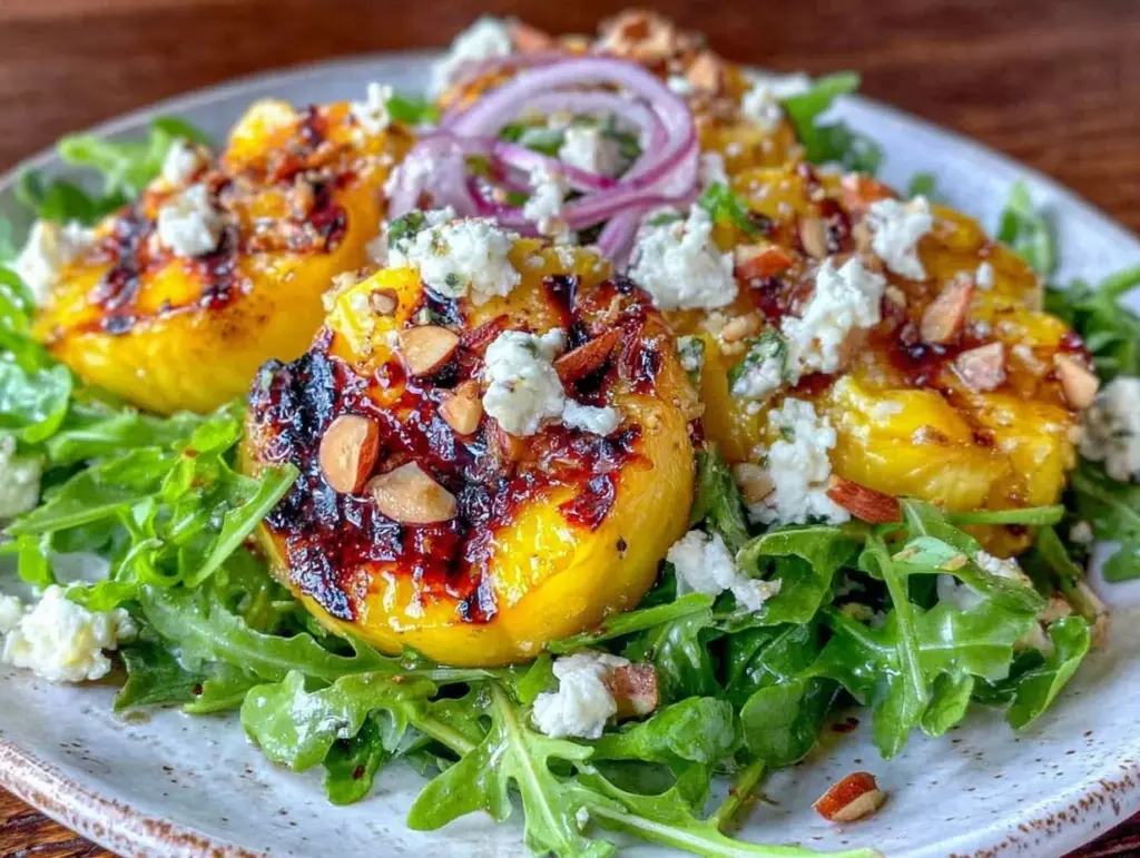 fresh grilled peach arugula salad - featured image