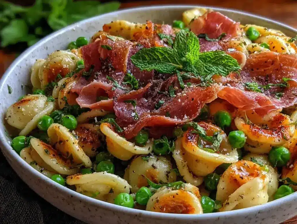 fresh pea and prosciutto orecchiette - featured image