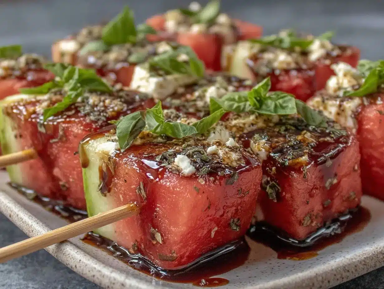 fresh watermelon feta basil skewers preparation steps