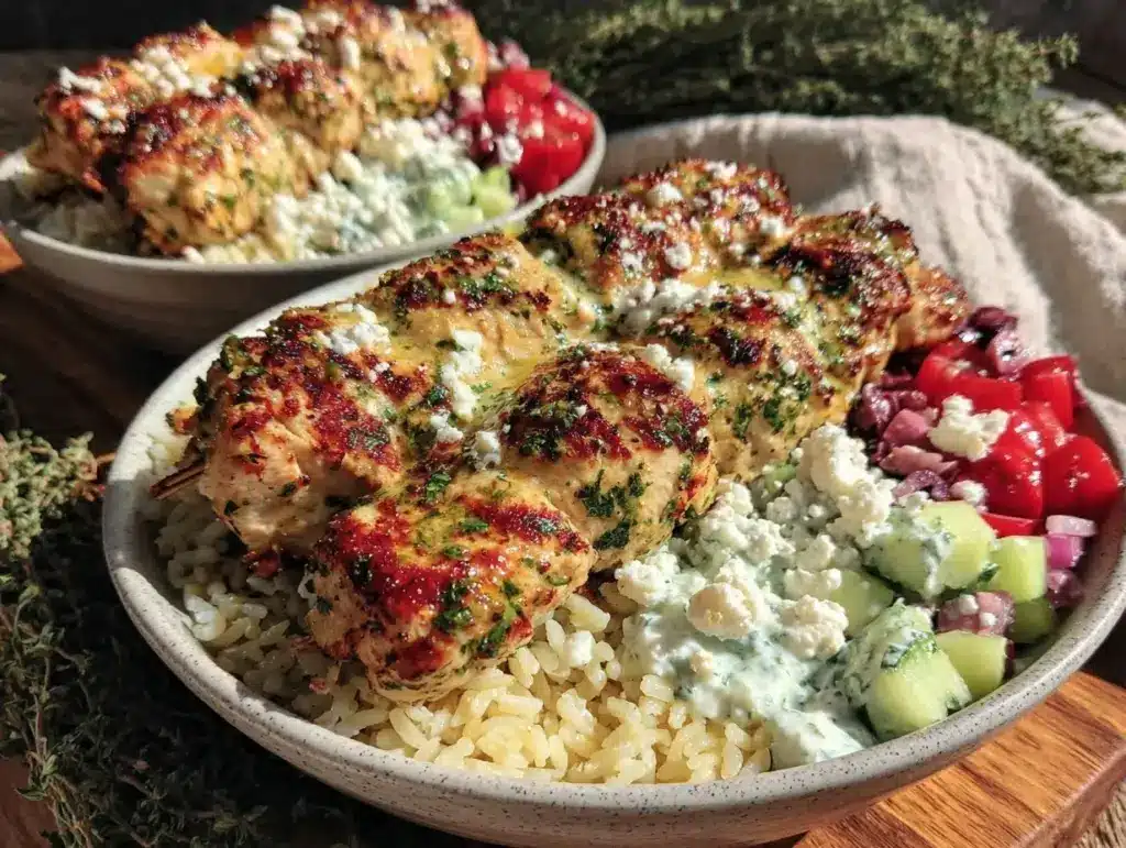 lemon herb chicken souvlaki bowls - featured image