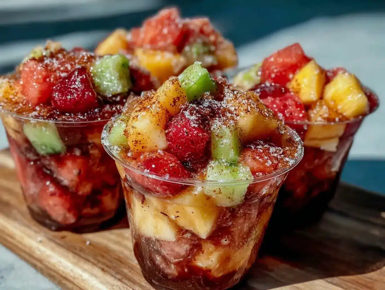 tropical fruit cups with chamoy and tajín preparation steps